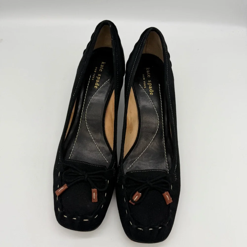Kate Spade Black Laney Suede Square Toe Kitten Heel Pumps Whipstitch Bow Size 9M